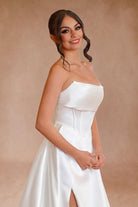 Lenny | White Strapless Satin A - Line Wedding Dresses - KissProm
