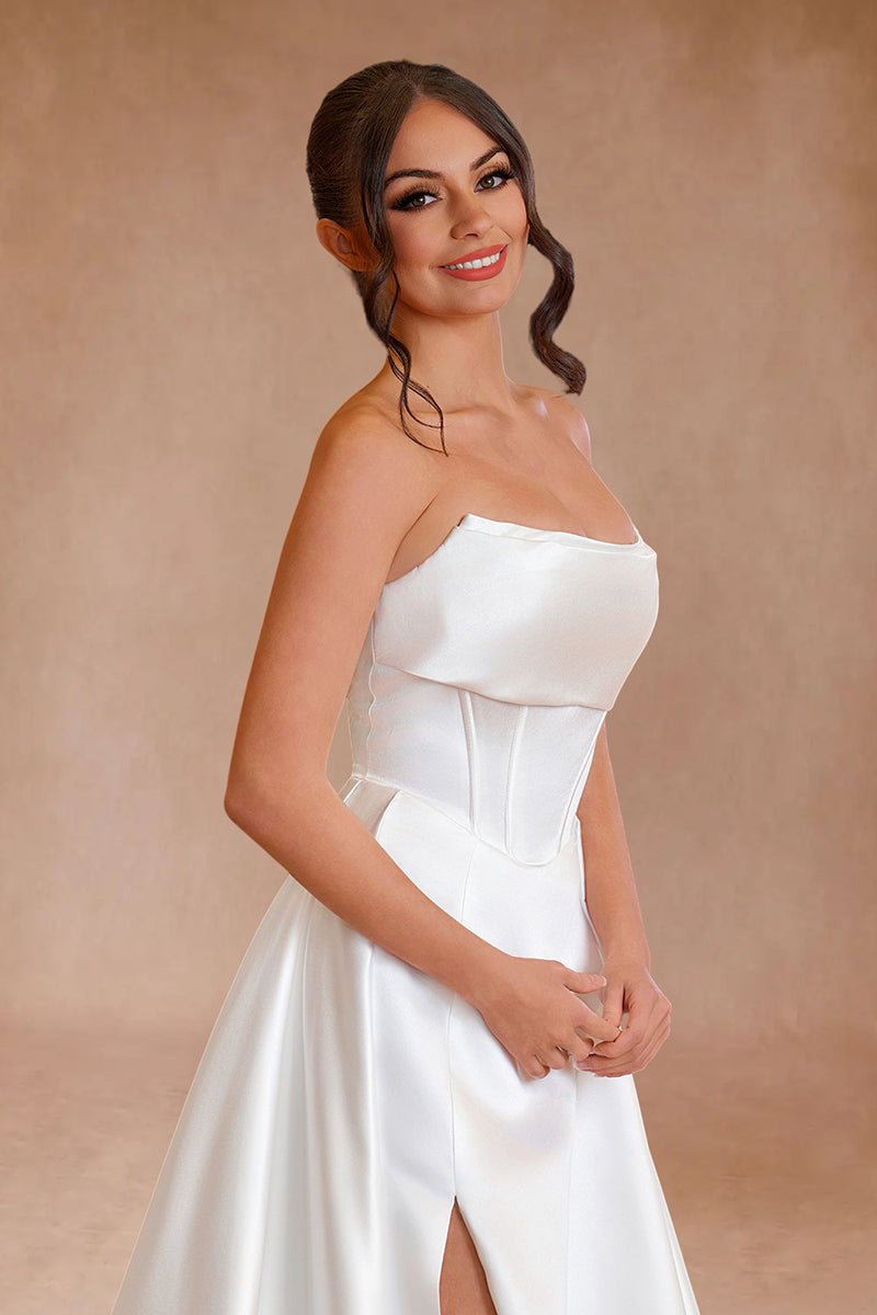 Lenny | White Strapless Satin A - Line Wedding Dresses - KissProm