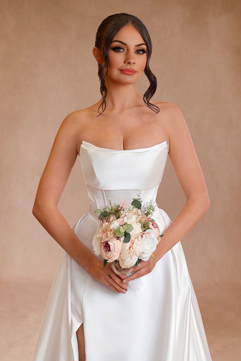 Lenny | White Strapless Satin A - Line Wedding Dresses - KissProm
