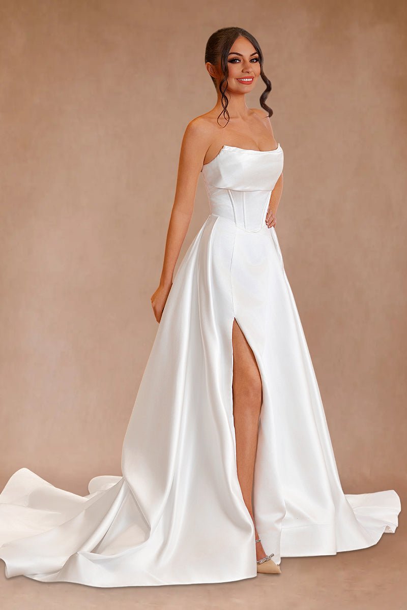 Lenny | White Strapless Satin A - Line Wedding Dresses - KissProm