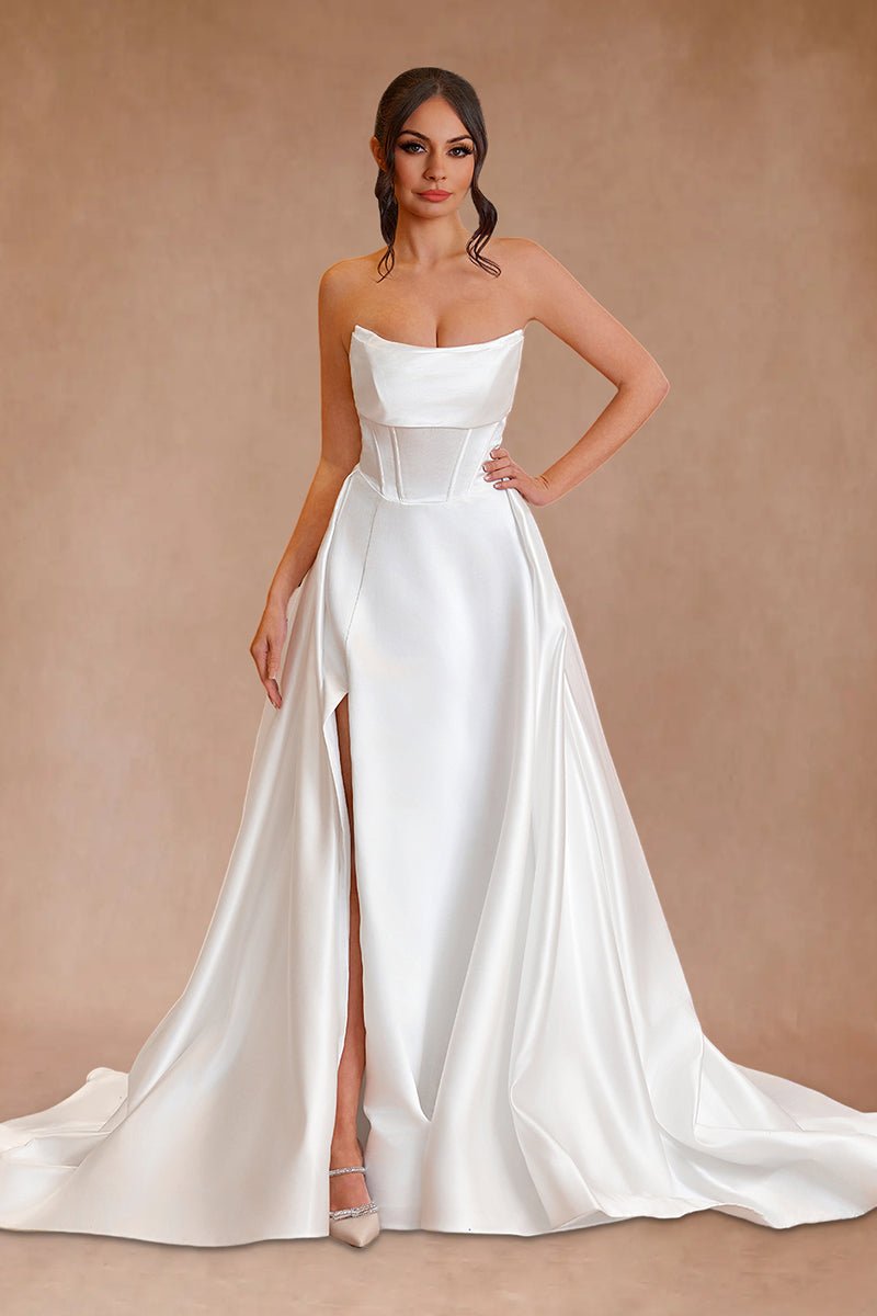 Lenny | White Strapless Satin A - Line Wedding Dresses - KissProm