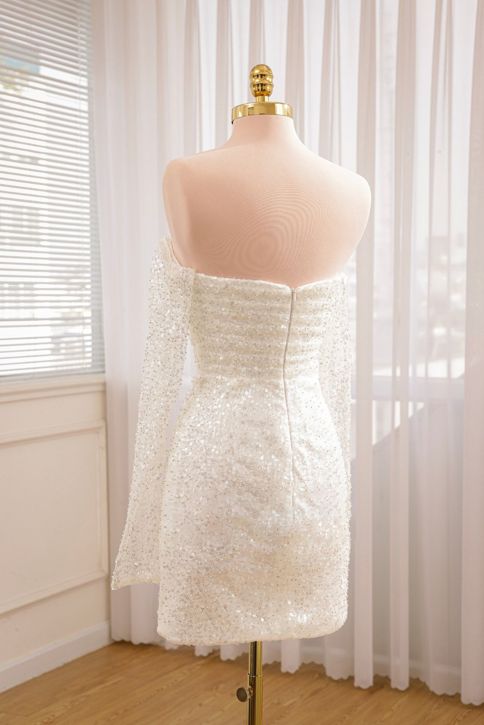 Chic Short Sequined Backless Wedding Dress With Long Detachable Sleeves