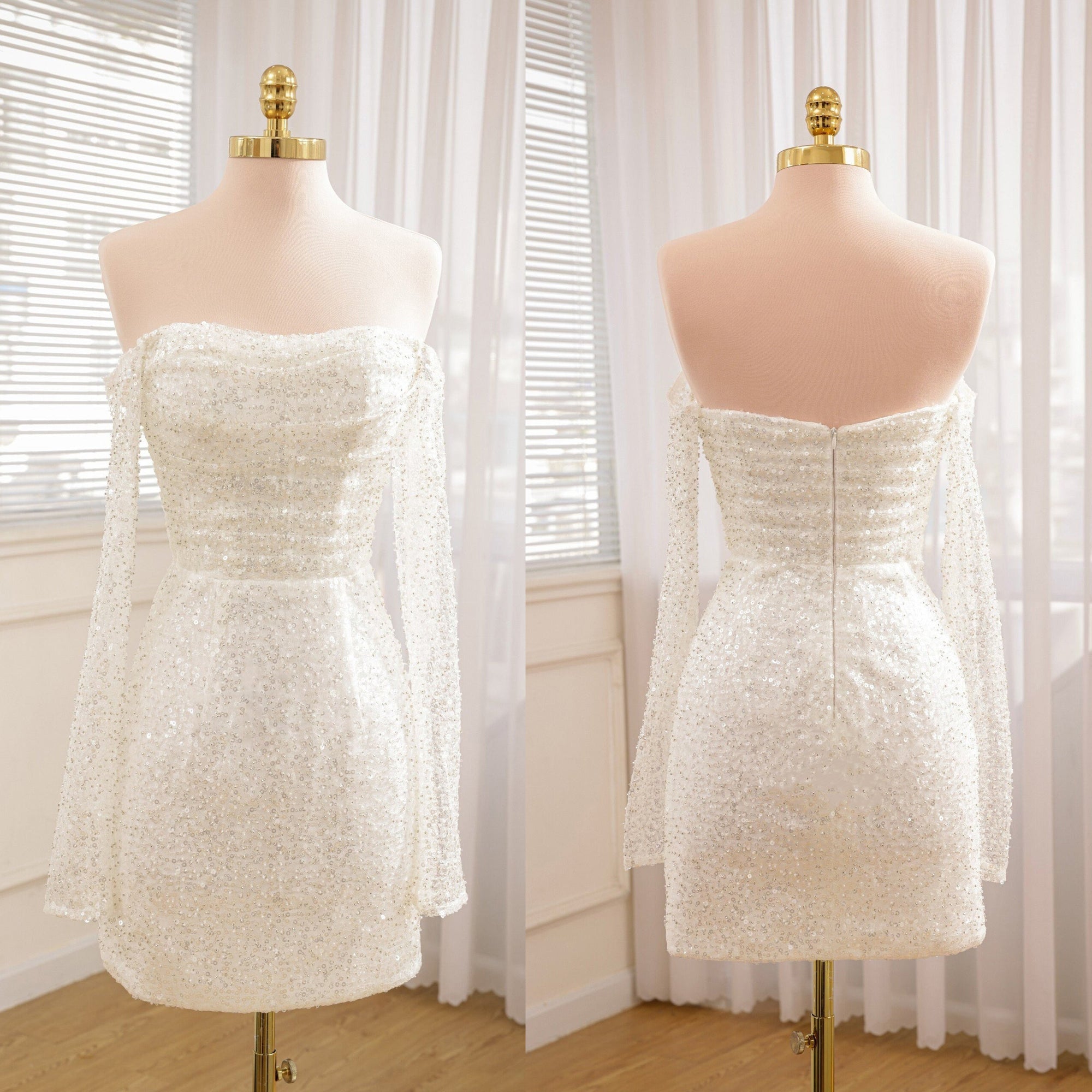 Chic Short Sequined Backless Wedding Dress With Long Detachable Sleeves