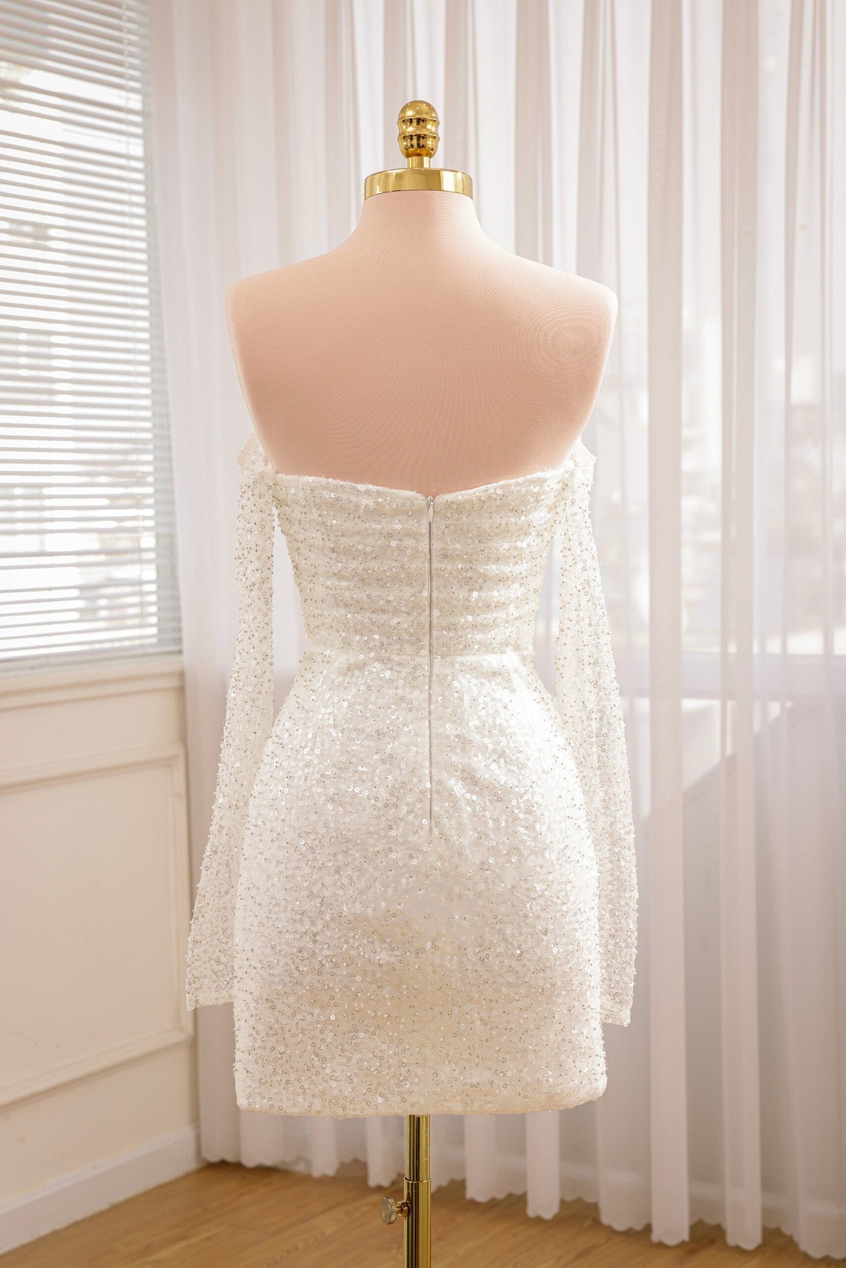 Chic Short Sequined Backless Wedding Dress With Long Detachable Sleeves