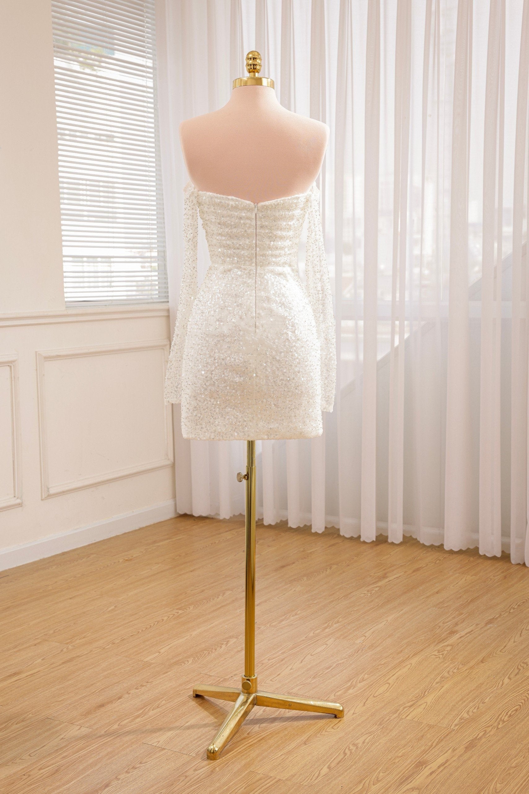 Chic Short Sequined Backless Wedding Dress With Long Detachable Sleeves
