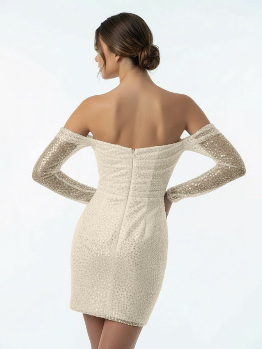 Aelia | Chic Short Sequined Backless Wedding Dress With Long Detachabl KissDress Aelia | Chic Short Sequined Backless Wedding Dress With Long Detachabl KissDress