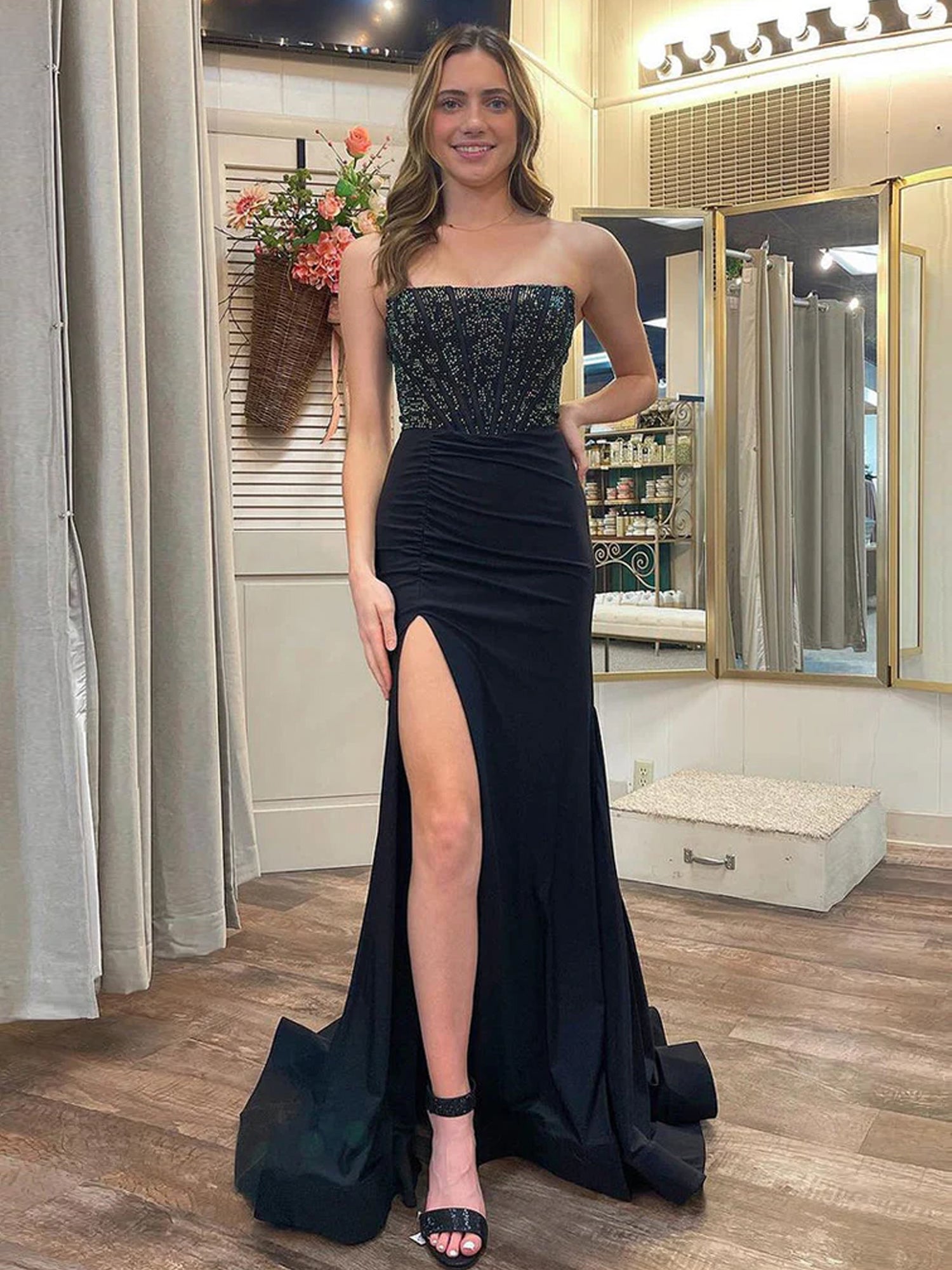 White Mermaid Strapless Satin Long Prom Dresses With Beading