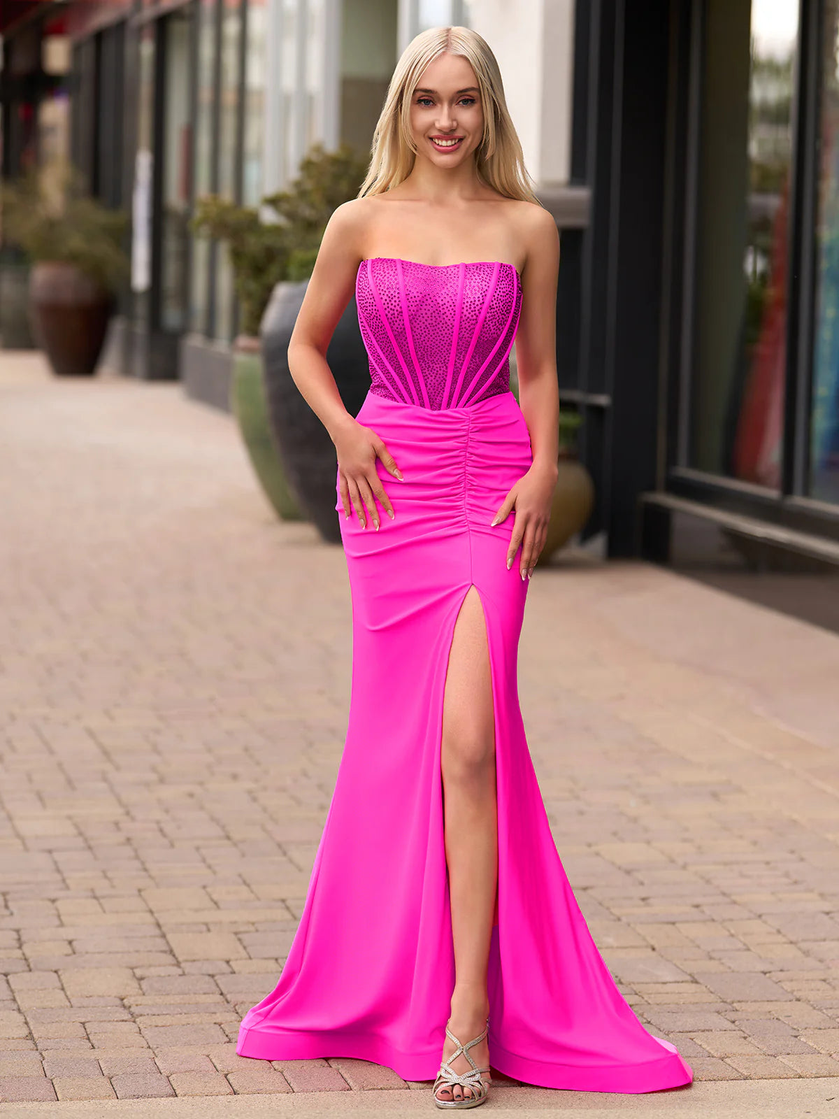 White Mermaid Strapless Satin Long Prom Dresses With Beading
