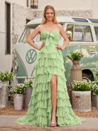 Cinizia | Chiffon Fuchsia Sweetheart Tiered Ruffles Prom Dress with Slit - KissProm