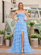 Cinizia | Chiffon Fuchsia Sweetheart Tiered Ruffles Prom Dress with Slit - KissProm