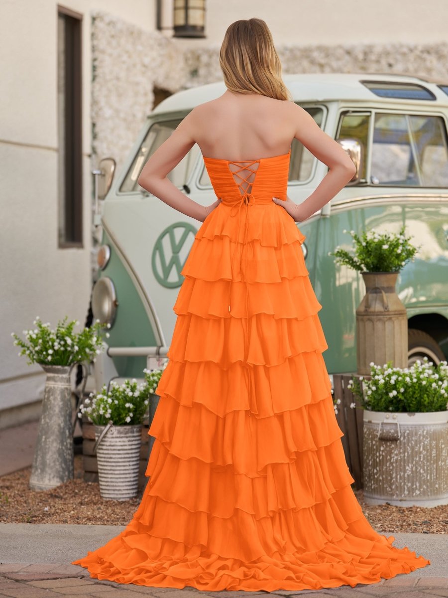 Cinizia | Chiffon Fuchsia Sweetheart Tiered Ruffles Prom Dress with Slit - KissProm