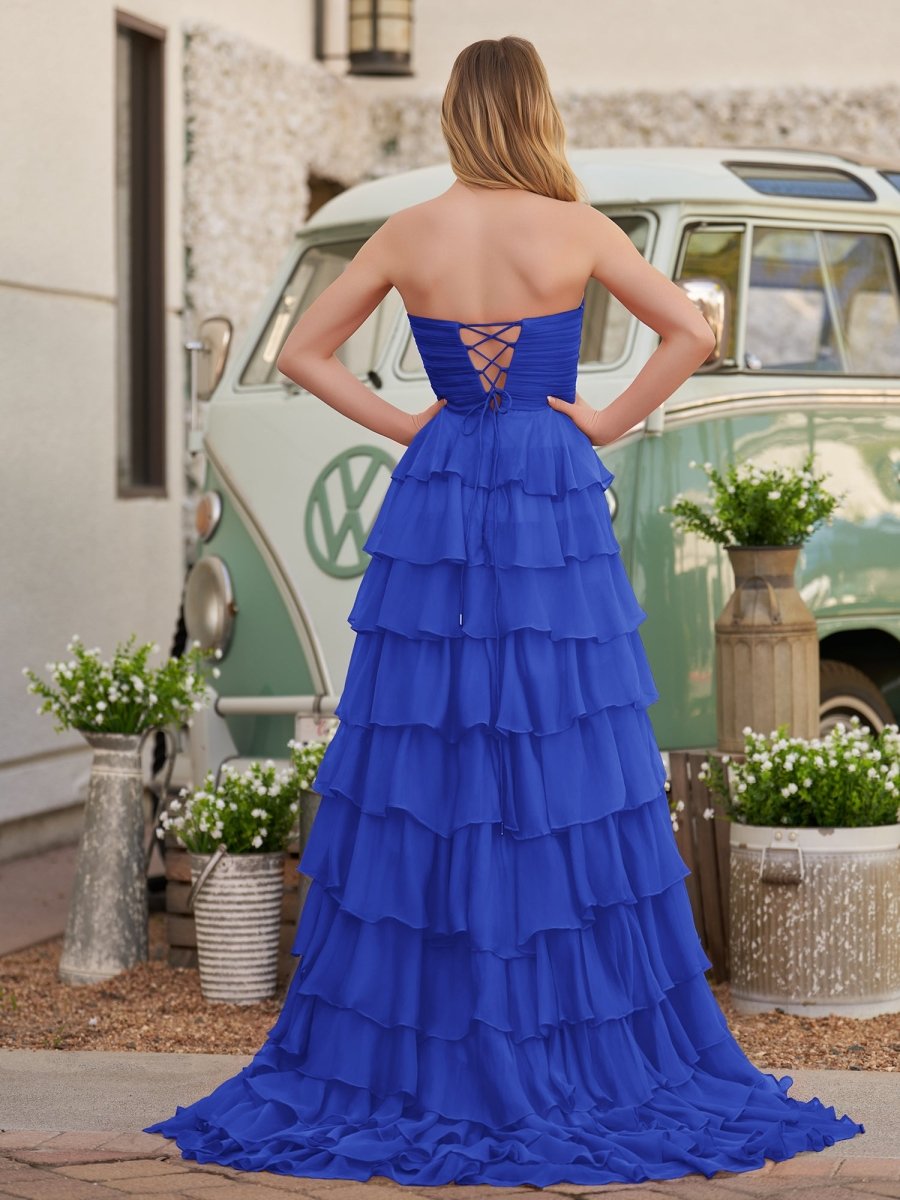 Cinizia | Chiffon Fuchsia Sweetheart Tiered Ruffles Prom Dress with Slit - KissProm