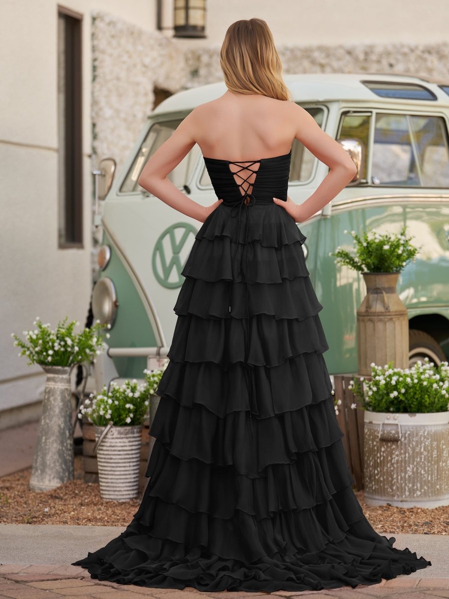 Cinizia | Chiffon Fuchsia Sweetheart Tiered Ruffles Prom Dress with Slit - KissProm