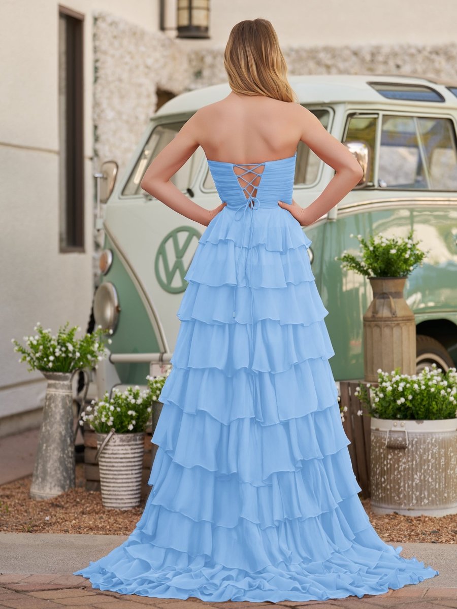 Cinizia | Chiffon Fuchsia Sweetheart Tiered Ruffles Prom Dress with Slit - KissProm