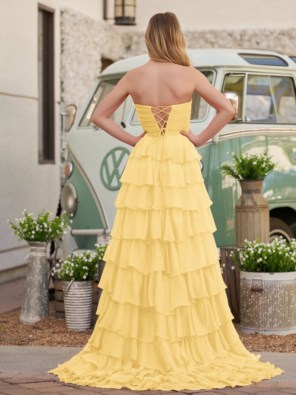 strapless open back dress Chiffon Fuchsia Sweetheart Tiered Ruffles Prom Dress with Slit