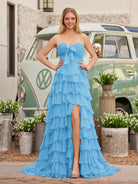 Cinizia | Chiffon Fuchsia Sweetheart Tiered Ruffles Prom Dress with Slit - KissProm