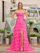 Cinizia | Chiffon Fuchsia Sweetheart Tiered Ruffles Prom Dress with Slit - KissProm