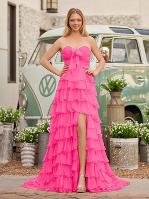 strapless open back dress Chiffon Fuchsia Sweetheart Tiered Ruffles Prom Dress with Slit