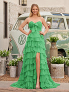 Cinizia | Chiffon Fuchsia Sweetheart Tiered Ruffles Prom Dress with Slit - KissProm