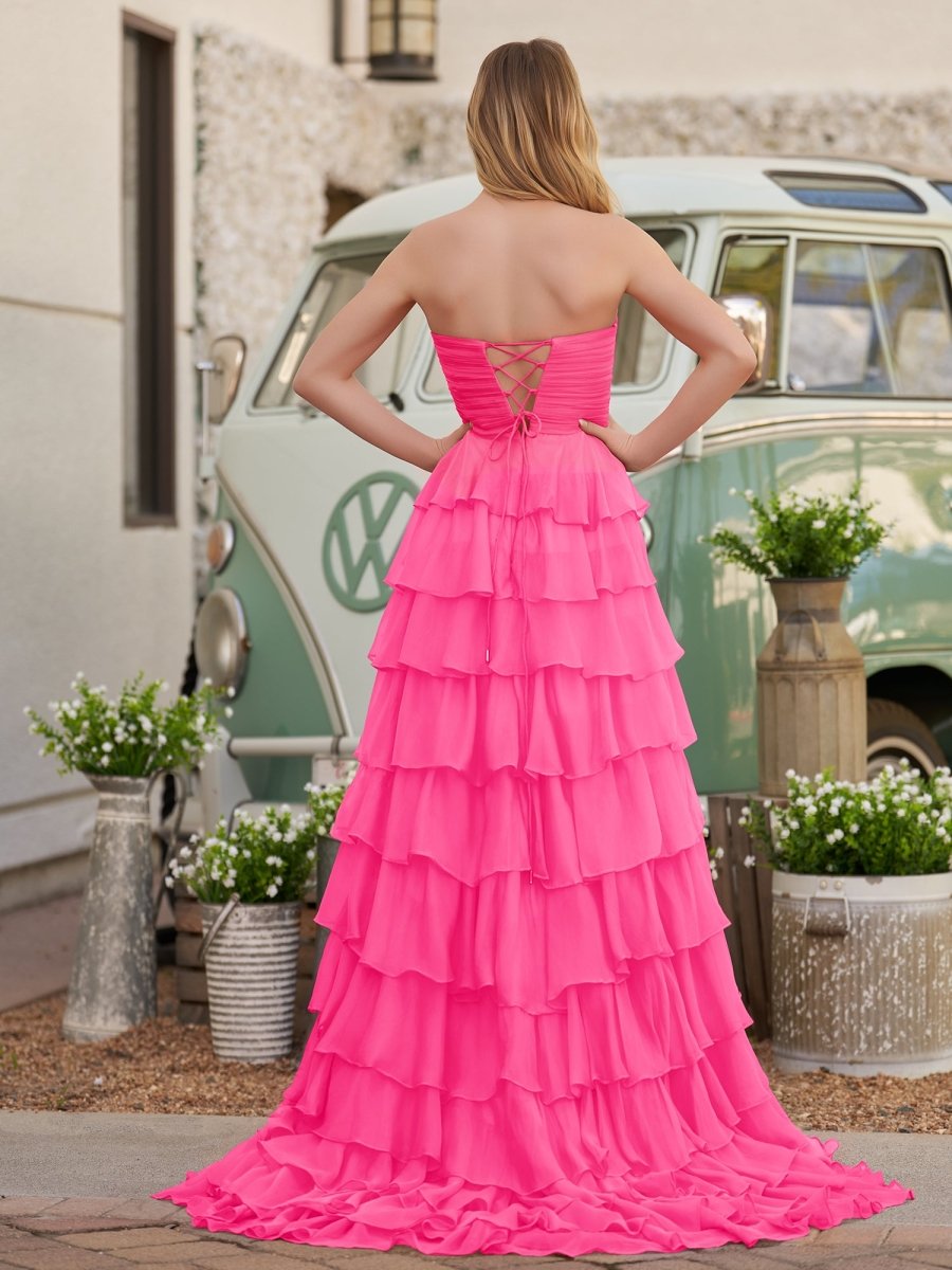 Cinizia | Chiffon Fuchsia Sweetheart Tiered Ruffles Prom Dress with Slit - KissProm