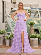 Cinizia | Chiffon Fuchsia Sweetheart Tiered Ruffles Prom Dress with Slit - KissProm