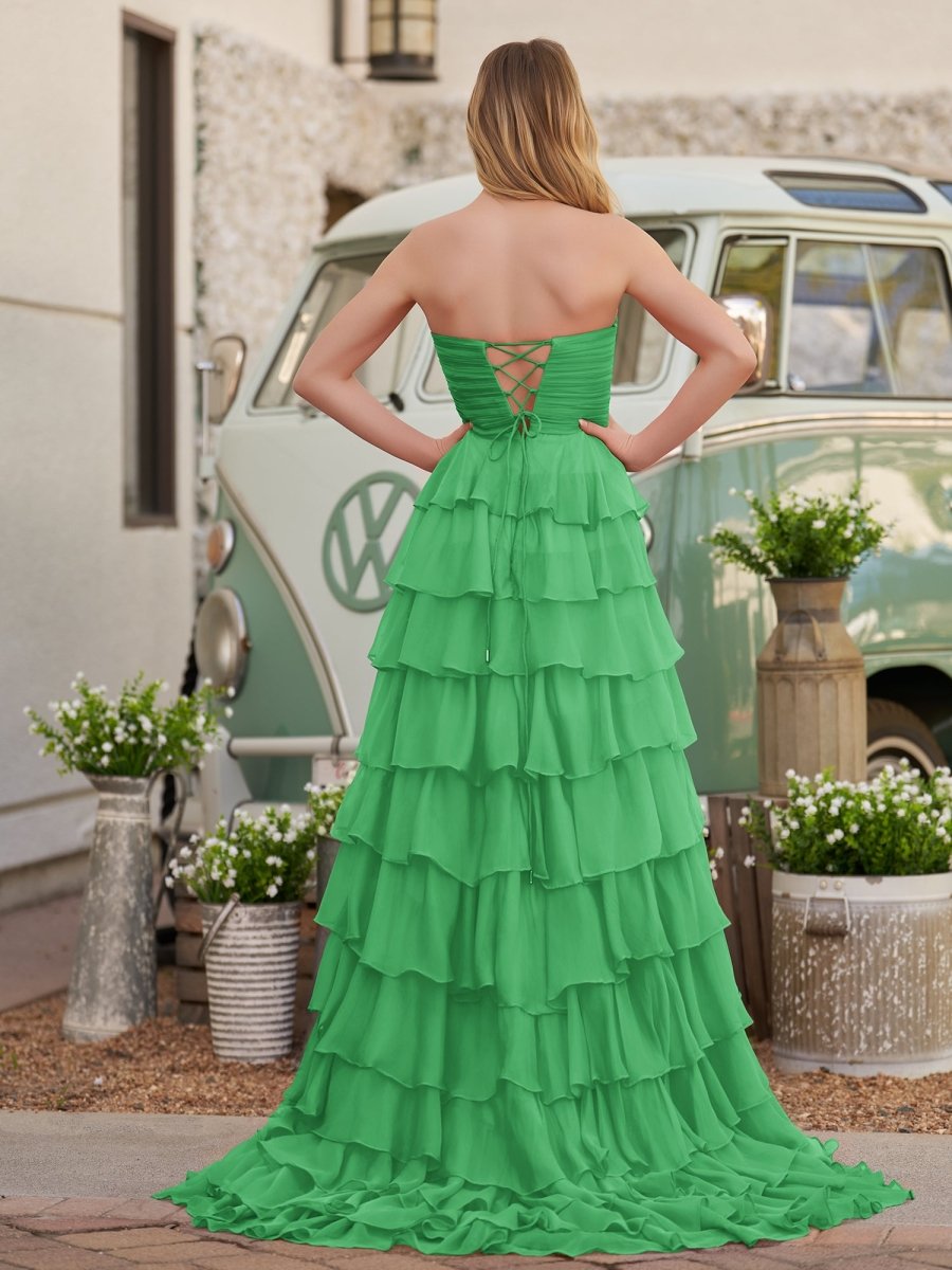 Cinizia | Chiffon Fuchsia Sweetheart Tiered Ruffles Prom Dress with Slit - KissProm