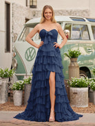 Cinizia | Chiffon Fuchsia Sweetheart Tiered Ruffles Prom Dress with Slit - KissProm