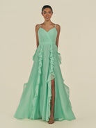 KissDress-Cirelle Pale Pistachio A Line Chiffon V Neck Ruffled Long Bridesmaid Dress with Slit