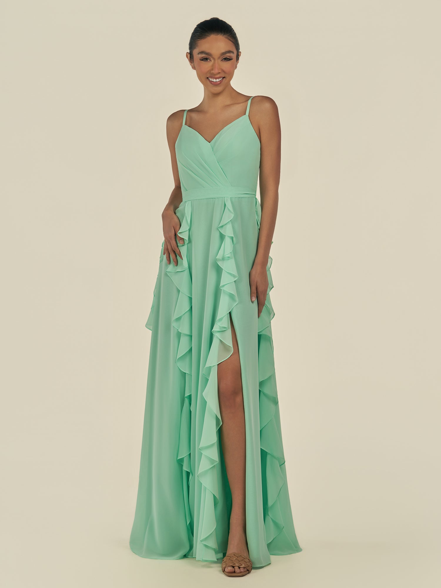 KissDress-Cirelle Pale Pistachio A Line Chiffon V Neck Ruffled Long Bridesmaid Dress with Slit