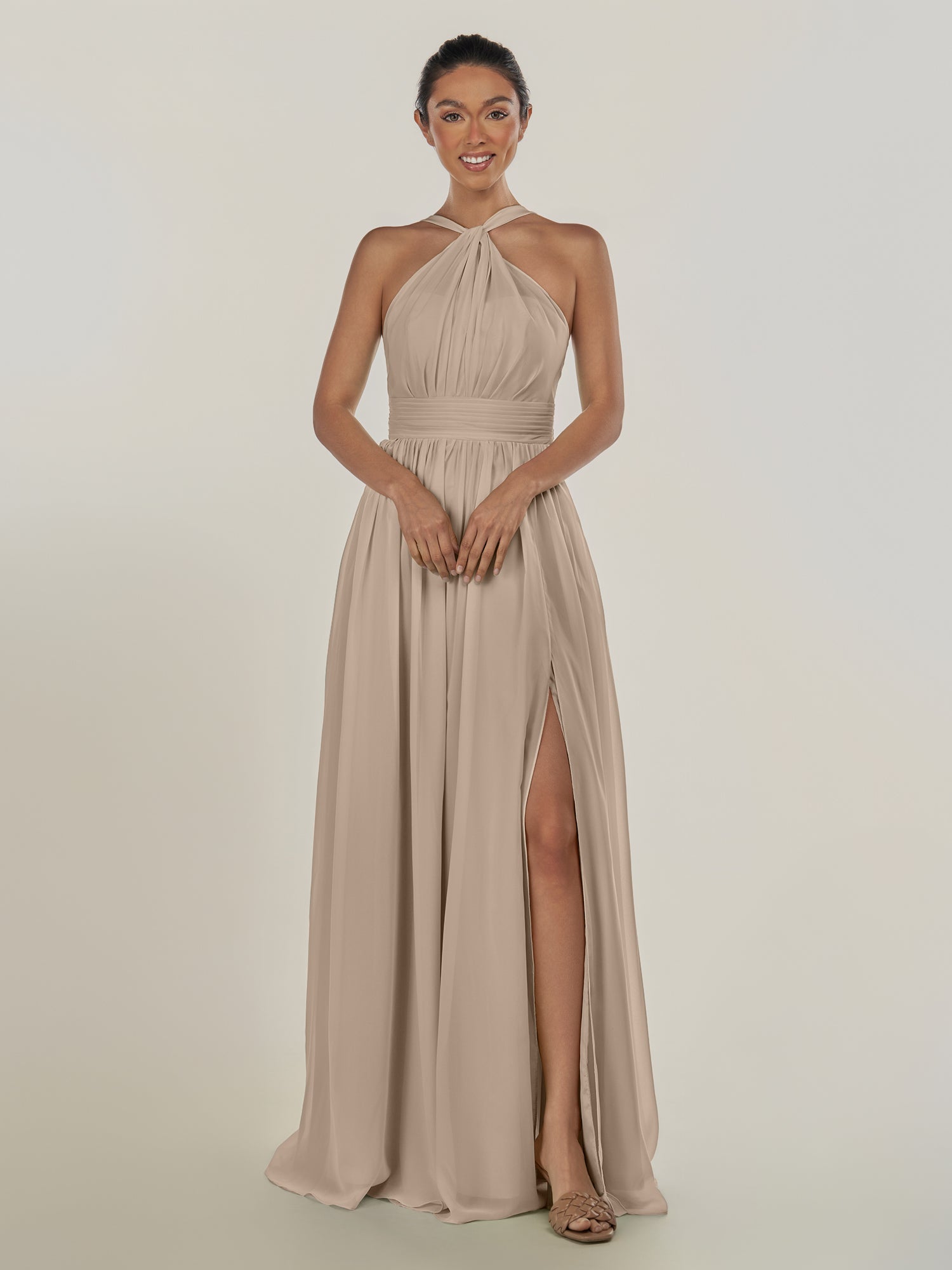 KissDress-Ciri Almond A Line Chiffon Halter Neck Pleated Long Bridesmaid Dress with Slit