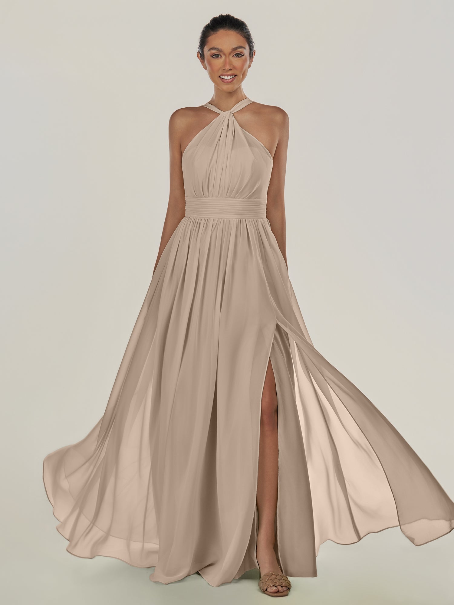 KissDress-Ciri Almond A Line Chiffon Halter Neck Pleated Long Bridesmaid Dress with Slit