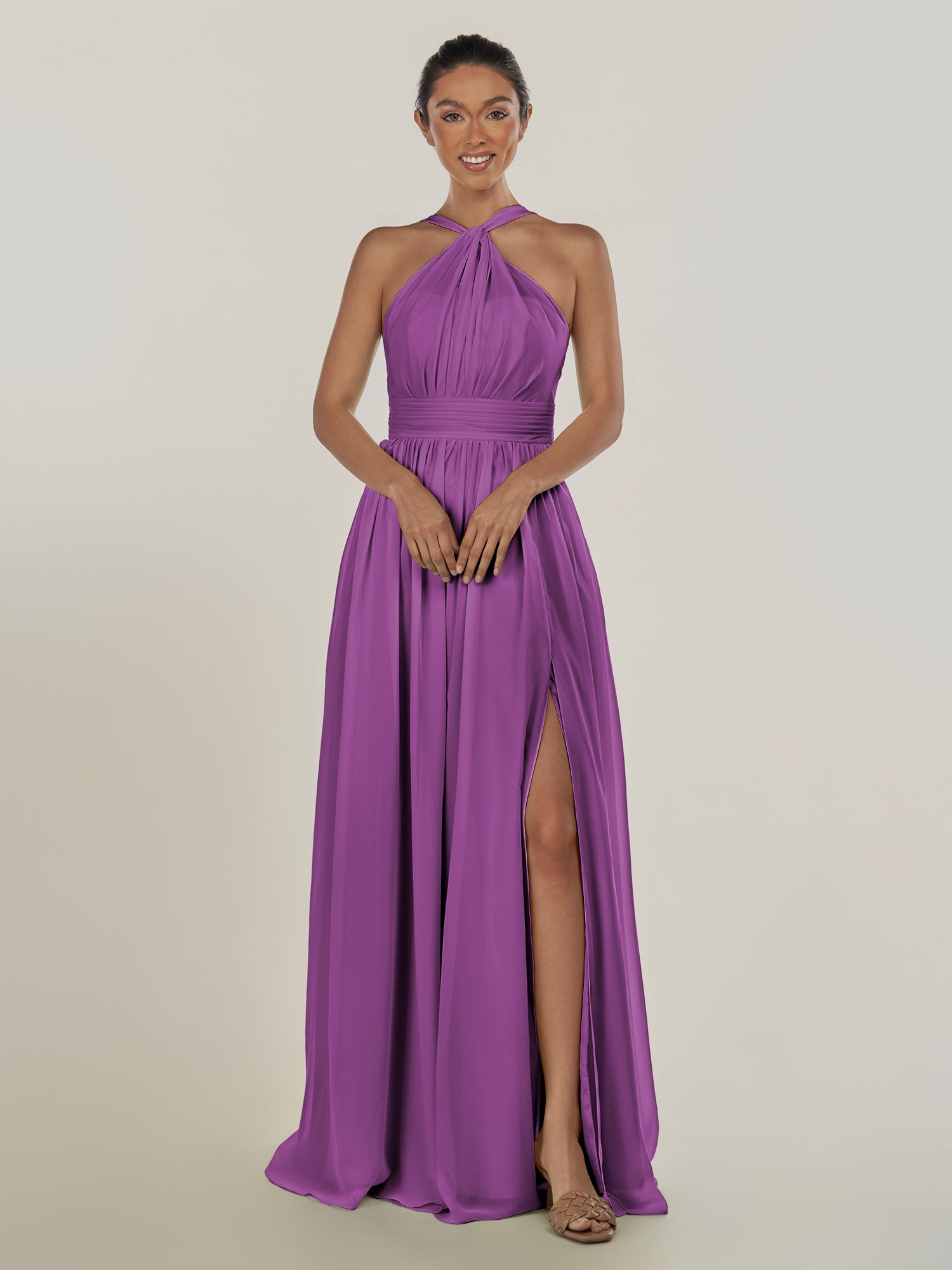 KissDress-Ciri Amethyst A Line Chiffon Halter Neck Pleated Long Bridesmaid Dress with Slit