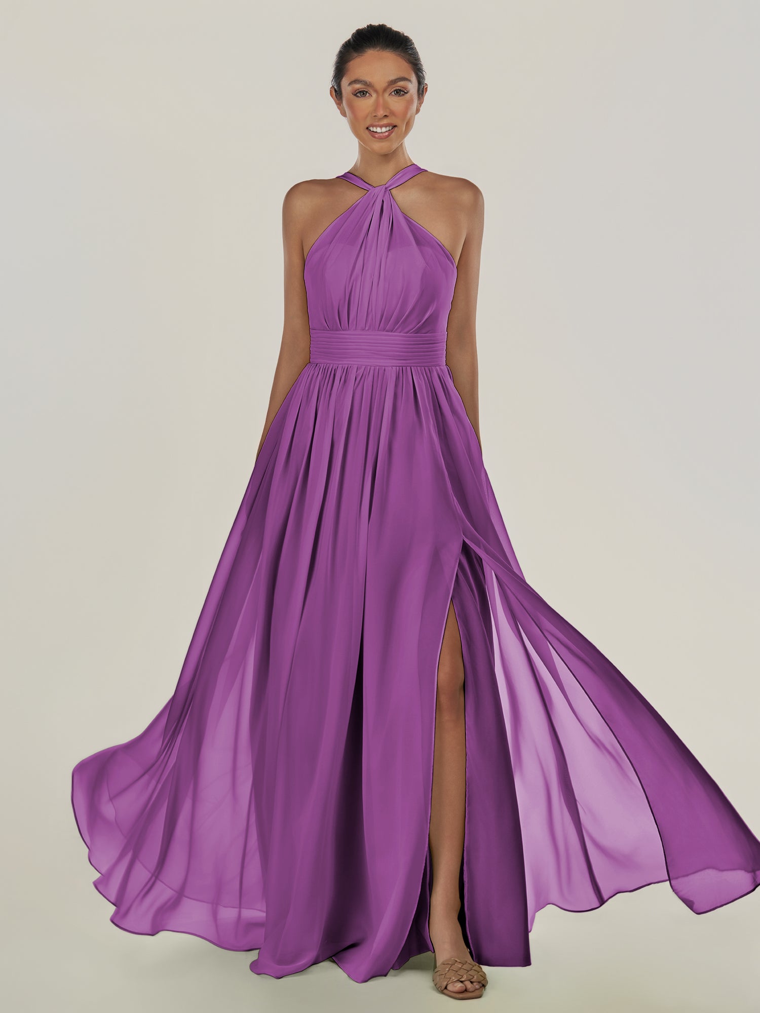 KissDress-Ciri Amethyst A Line Chiffon Halter Neck Pleated Long Bridesmaid Dress with Slit