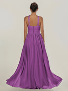 KissDress-Ciri Amethyst A Line Chiffon Halter Neck Pleated Long Bridesmaid Dress with Slit
