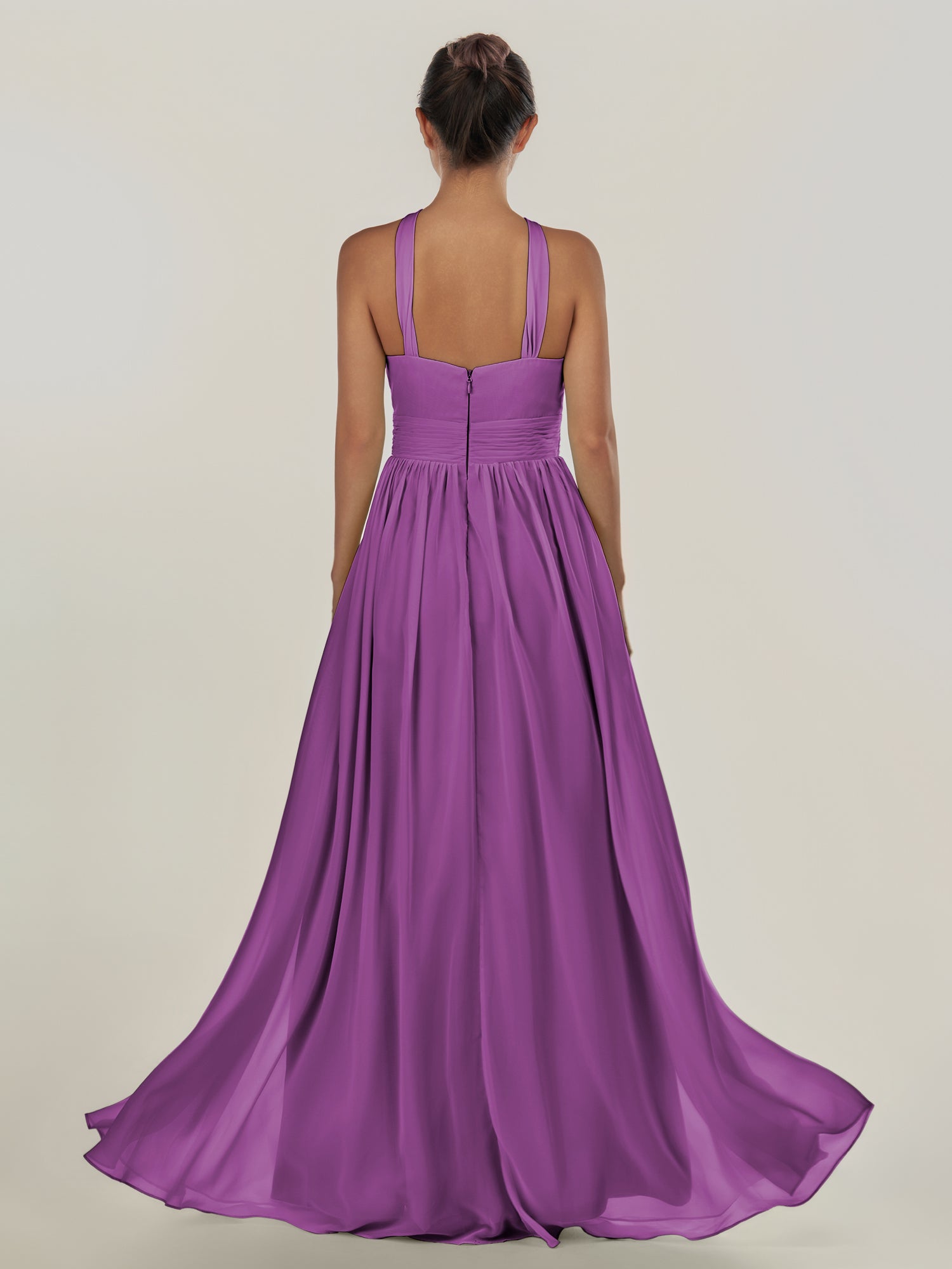 KissDress-Ciri Amethyst A Line Chiffon Halter Neck Pleated Long Bridesmaid Dress with Slit
