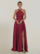KissDress-Ciri Berry A Line Chiffon Halter Neck Pleated Long Bridesmaid Dress with Slit