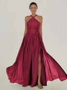KissDress-Ciri Berry A Line Chiffon Halter Neck Pleated Long Bridesmaid Dress with Slit