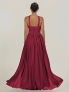KissDress-Ciri Berry A Line Chiffon Halter Neck Pleated Long Bridesmaid Dress with Slit