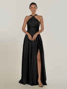 KissDress-Ciri Black A Line Chiffon Halter Neck Pleated Long Bridesmaid Dress with Slit