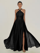 KissDress-Ciri Black A Line Chiffon Halter Neck Pleated Long Bridesmaid Dress with Slit