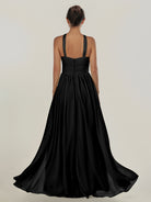 KissDress-Ciri Black A Line Chiffon Halter Neck Pleated Long Bridesmaid Dress with Slit