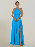 KissDress-Ciri Blue Jay A Line Chiffon Halter Neck Pleated Long Bridesmaid Dress with Slit