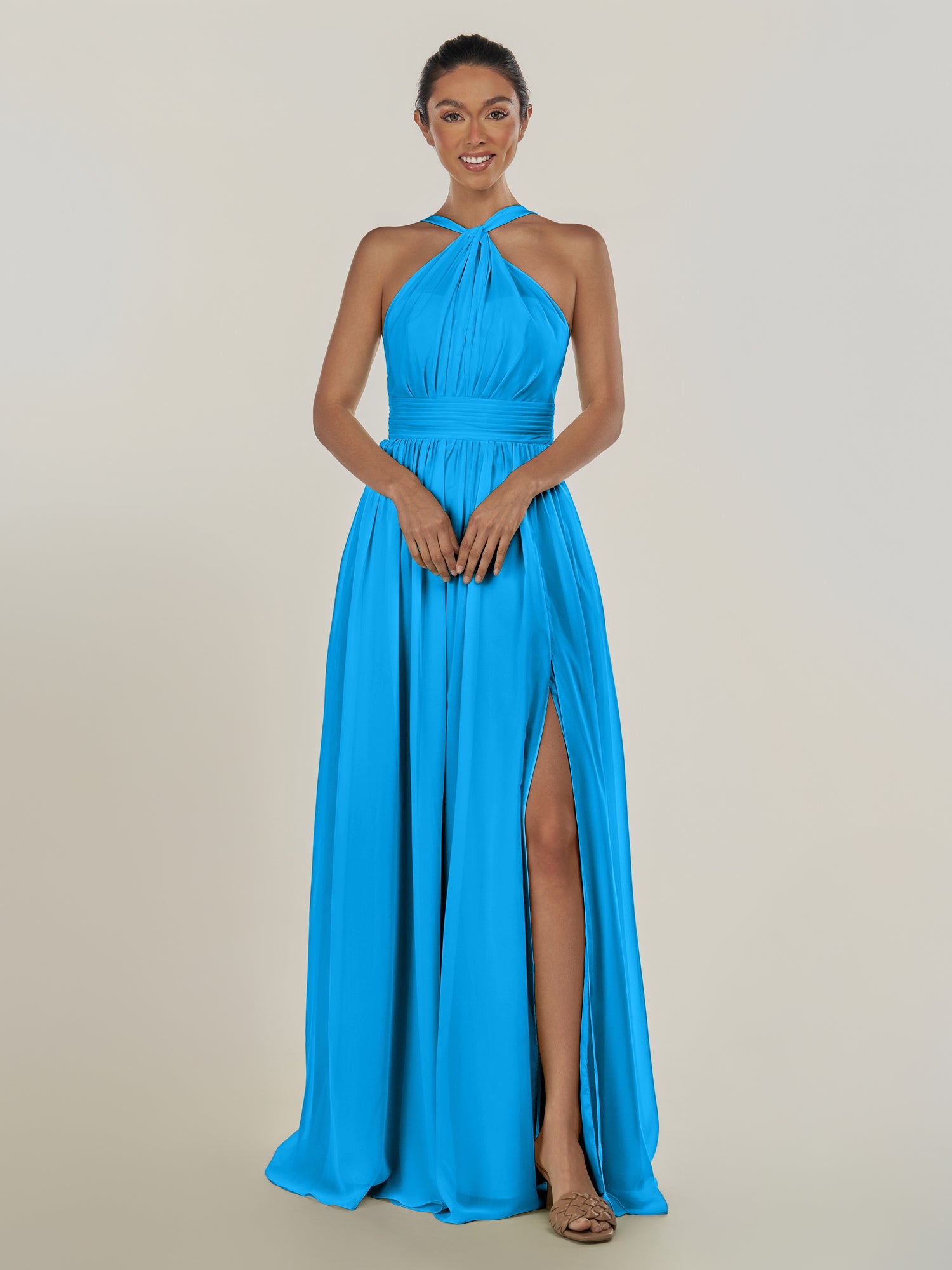 KissDress-Ciri Blue Jay A Line Chiffon Halter Neck Pleated Long Bridesmaid Dress with Slit