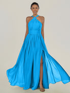 KissDress-Ciri Blue Jay A Line Chiffon Halter Neck Pleated Long Bridesmaid Dress with Slit
