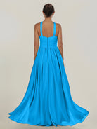 KissDress-Ciri Blue Jay A Line Chiffon Halter Neck Pleated Long Bridesmaid Dress with Slit