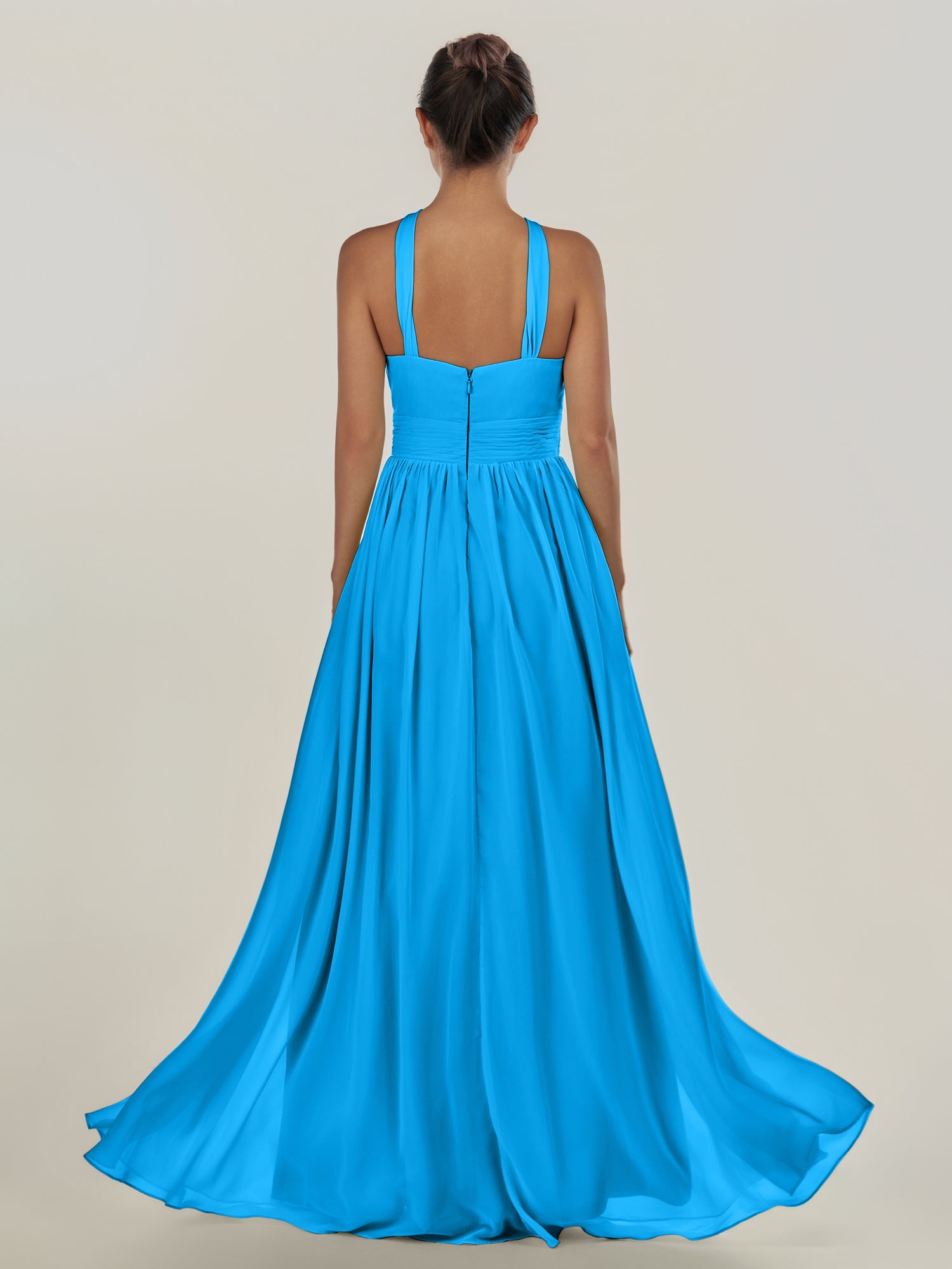 KissDress-Ciri Blue Jay A Line Chiffon Halter Neck Pleated Long Bridesmaid Dress with Slit