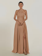 KissDress-Ciri Bronzer A Line Chiffon Halter Neck Pleated Long Bridesmaid Dress with Slit