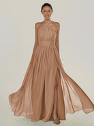 KissDress-Ciri Bronzer A Line Chiffon Halter Neck Pleated Long Bridesmaid Dress with Slit
