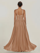 KissDress-Ciri Bronzer A Line Chiffon Halter Neck Pleated Long Bridesmaid Dress with Slit