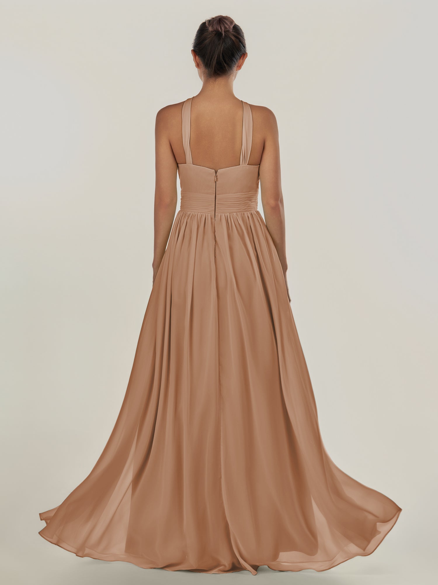 KissDress-Ciri Bronzer A Line Chiffon Halter Neck Pleated Long Bridesmaid Dress with Slit